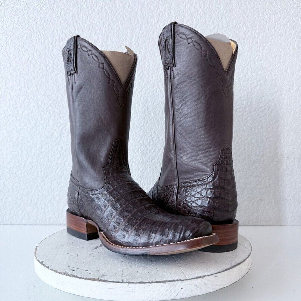 Rod Patrick Womens Western Caiman Belly Boots Size 10A Chocolate Brown Blunt Toe